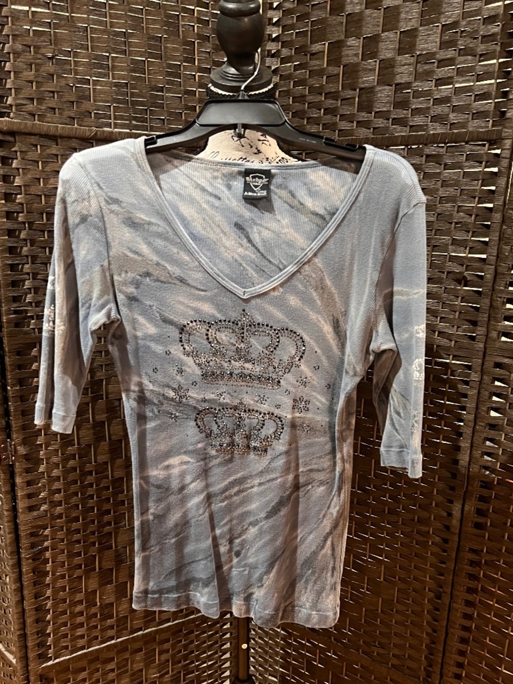 Y2K Cyber Grunge Sledge USA Bedazzled Crown Tie Dye Top Grey Blue XL